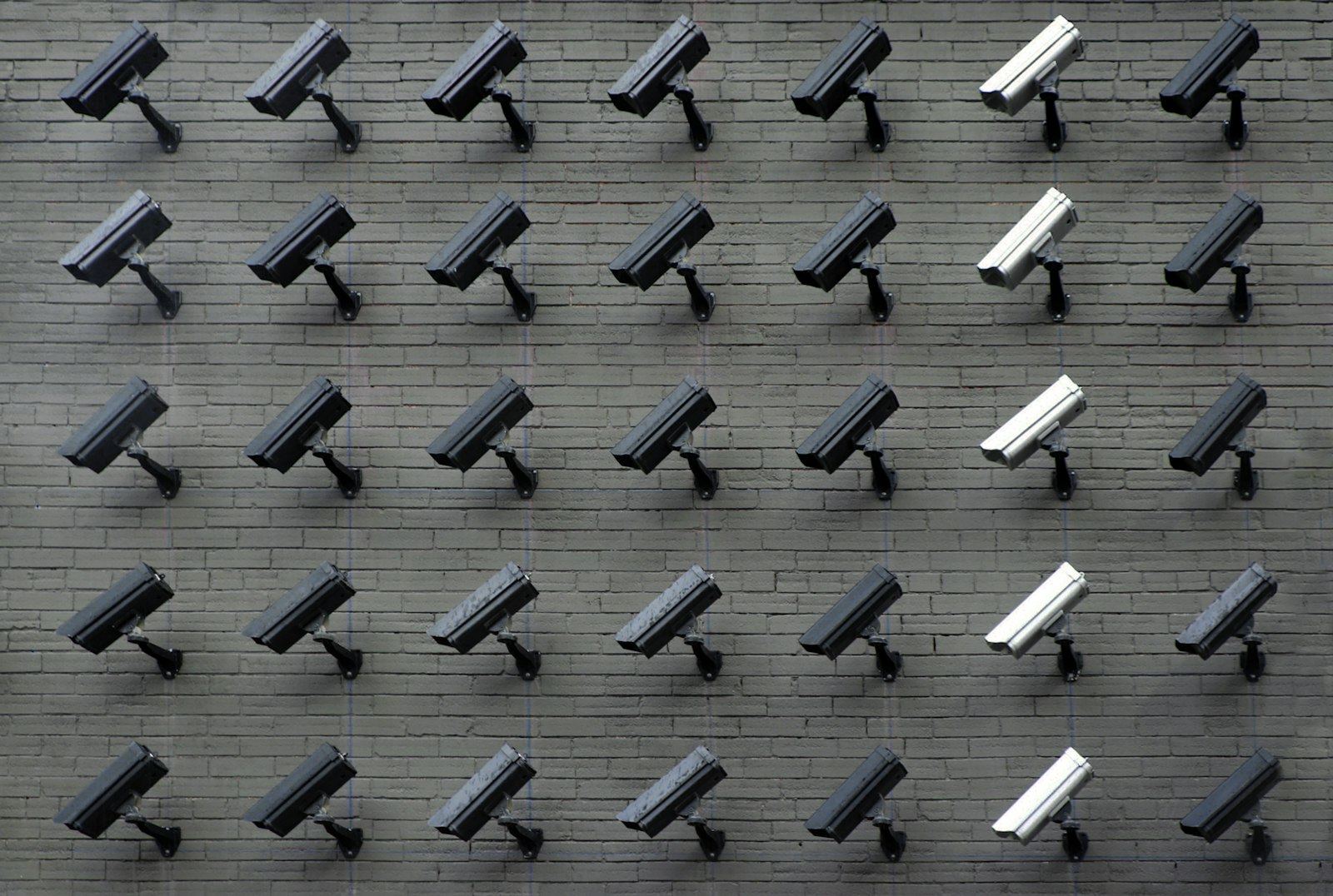 Multi-camera CCTV monitoring wall in a retail store